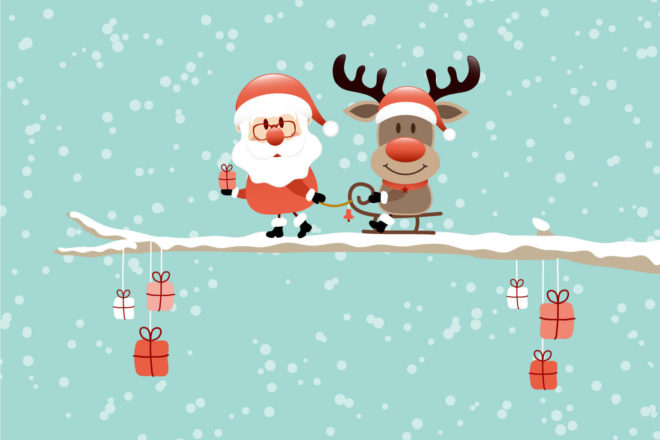 Bild mit Weihnachtsmann und Rentier und Geschenken auf schneebedecktem Ast, eine schönes Motiv für geschäftliche Weihnachtswünsche