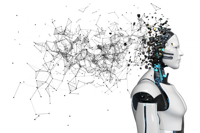 Ein Bild zeigt einen Roboterkopf, aus dem ein Netzwerk hinausragt, als Symbol für KI im Mittelstand