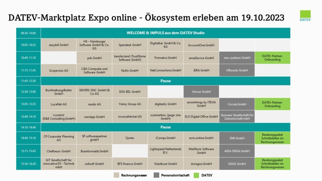 Progammübersicht DATEV-Marktplatz Expo online am 19.10.2023