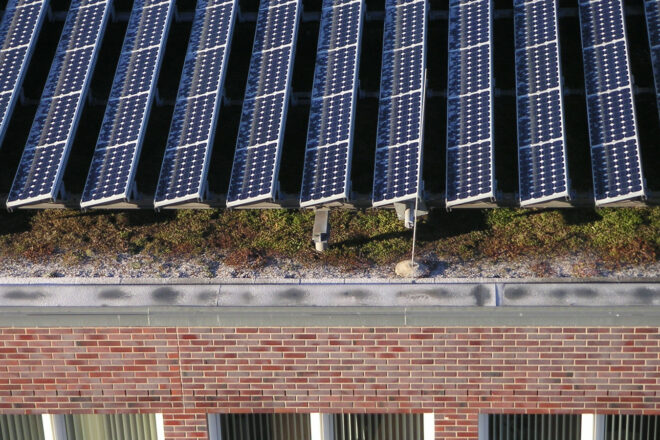Foto von Solarpark auf Firmengebäude als Beispiel für Unternehmen, die erneuerbare Energie erzeugen