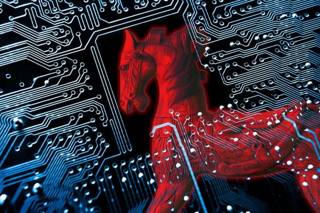 Das Bild von einem trojanischen Pferd vor einem digitalen Hintergrund soll symbolisieren, dass alle Beschäftigten zum Schutz vor einem Datenklau wissen müssen, wie sie Trojaner erkennen und entfernen, um nicht nur einen Datendiebstahl zu verhindern, sondern auch Erpressung oder Sabotage